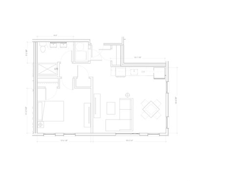 Floor plan for 1 bed, 1 bath, 657 sqft